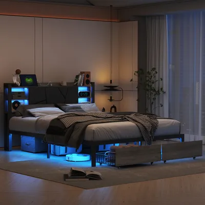 A modern bedroom with a bed featuring LED lighting and storage drawers.