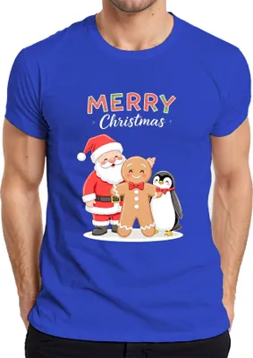 Produktbild von Merry Christmas Weihnachtsmann Lebkuchenmann Pinguin Weihnachten Herren T-Shirt, Blau, XXL