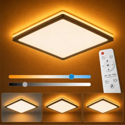 Produktbild von 24W LED Deckenleuchte Ultra Dünn Quadrat Deckenlampe 3000K–6500K Dimmbar Nachtlicht mit Fernbedienung für Schlafzimmer, Küche, Wohnzimmer