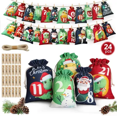 Image de Calendrier de l'Avent à remplir soi-même - 24 calendriers de Noël - Tissu - Petits sacs en jute - Grands sacs - Calendrier fait maison - À remplir soi-même - Thème : dinosaures