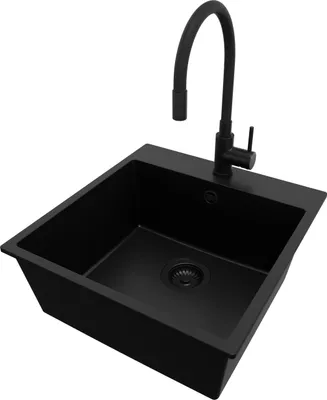 Produktbild von PRIMAGRAN Granitspüle Alles Schwarz 48x50cm, Spülbecken 1 Becken + Küchenarmatur 40x38cm + Ablauf-Set, Küchenspüle ab 50er Unterschrank - Riga