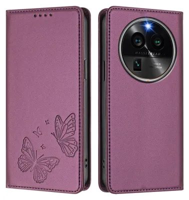 Produktbild von Lederhülle für Oppo Find X6 Pro, Schmetterling Prägung Leder Brieftasche Schutzhülle mit Ständer Lila