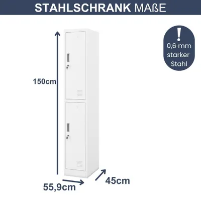 Produktbild von Umkleideschrank Spind IGOR 2 Abteile Etikettenhalter Lüftungsschlitze | Umkleidespind Schließfachschrank Garderobenspind 185x31,7x45cm Weiß