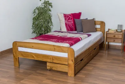 Produktbild von Einzelbett / Gästebett  Kiefer Vollholz massiv Eichefarben A6, inkl. Lattenrost - Abmessung 120 x 200 cm