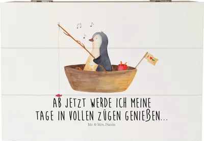 Produktbild von Mr. & Mrs. Panda Box Pinguin Angelboot 22 x 15 cm - Weiß - Geschenk, fotobox, schmuckbox, Holzbox mit Deckel, geschenkbox, Motivation, Erinnerungsbox, Trennung, Boot
