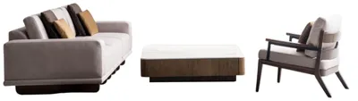 Productafbeelding van Beige woonkamer set: relaxbank, design fauteuil, houten salontafel, 3-delig