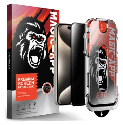 A product shot featuring packaging for a screen protector and a phone case, along with a phone.