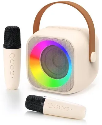 Obrázek produktu pro Unyqoos® Sada pro dětské karaoke – přenosné karaoke zařízení pro děti ve věku 3–12 let, s 2 bezdrátovými mikrofony, LED světelnou show (6 režimů), 4 zvukovými efekty, konektorem 3,5 mm, baterií 1800/600 mAh