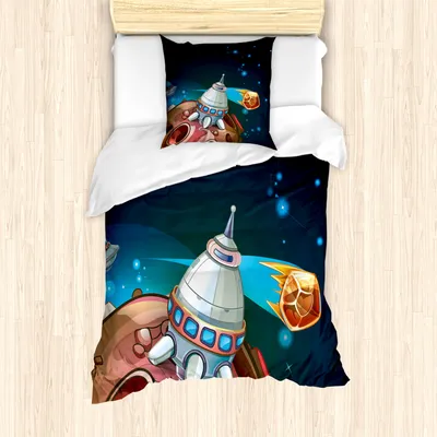 Produktbild von ABAKUHAUS Karikatur Mantele, Spacecraft Planet Weltraum, Milbensicher Allergiker geeignet mit Kissenbezügen, 135 cm x 200 cm - 80 x 80 cm, Mehrfarbig