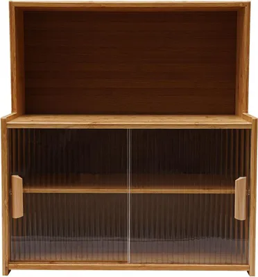 A wooden cabinet with glass doors.