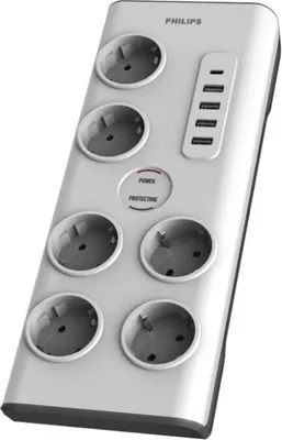 Zdjęcie produktu dla Listwa zasilajca PHILIPS, 4x USB typu A 25W, 1x USB-C 15W, 6x typu F, 2m