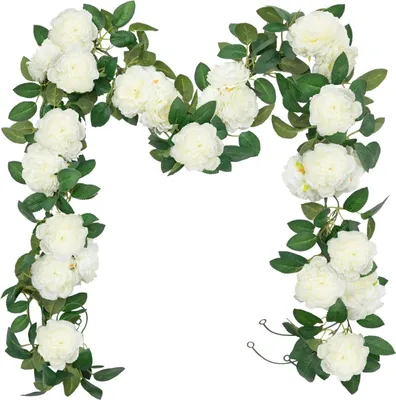 Produktbild von Stück(6,0 Meter) Künstliche Rosengirlande Weiß Blumengirlande Künstlich Pfingstrosen Girlande Seidenblumen Hängend Gefälschte Kunstblumen für Hochzeit, Garten, Wand, Dekor, Weihnachten