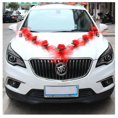 Produktbild von Autoschmuck Brautpaar Rose Deko für Hochzeitsauto, 2x 160cm Satinband, 9 Seidenblumen, Rot