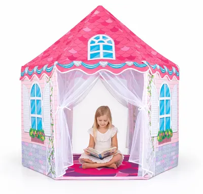 Productafbeelding van COSTWAY Speeltent, prinsessenkasteel voor kinderen, zonder dansmat, speelhuisje met gordijnen van ademend netmateriaal, kinderspeelhuisje, geschikt voor kinderen vanaf 3 jaar, afmetingen: 140x140x140 cm