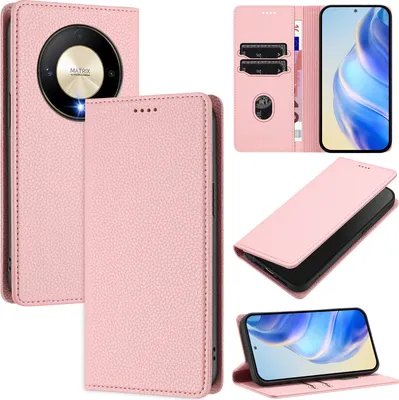 Produktbild von Litchi Leder Handyhülle für Honor X9b / Magic6 Lite Wallet Kartenfächer Standfunktion Hülle Pink
