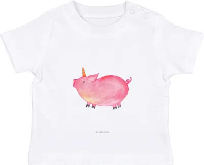 Produktbild von Mr. & Mrs. Panda Babyshirt Einhorn Schwein 12. - 18. Monat - Weiß - Geschenk, Baby Baumwollshirt, Englisch, English, Bauer,  T-Shirt, Shirt, Öko, Kurzarmshirt, Unicorn
