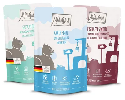 Productafbeelding van MjAMjAM proefpakket met 12 x 125g Quetschie natvoer voor katten, verschillende smaken