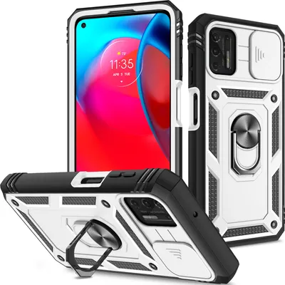 Produktbild von Moto G Stylus 2021 Hülle, Schiebe Kamera Schutz Robust Schutzhülle mit Ringhalterung Ständer Kartenhalter für Motorola Moto G Stylus 2021 Weiß