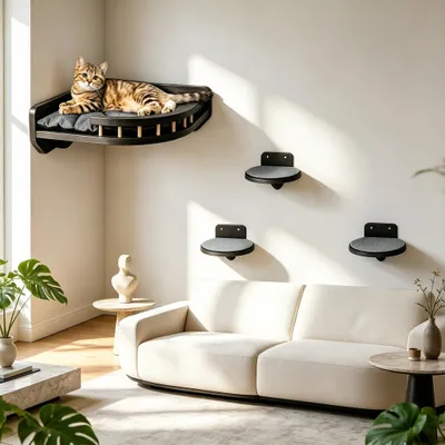 Productafbeelding van Klimwand, kattenset met kattenbed en 3 kattentrappen van hout