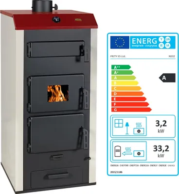Immagine prodotto di Stufa a legna idraulica Prity NS32 – 36,4 kW, con scambiatore di calore ad acqua, per riscaldamento centrale – Classe A