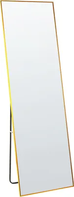 A full-length mirror with a gold frame and a black stand, shown against a white background.