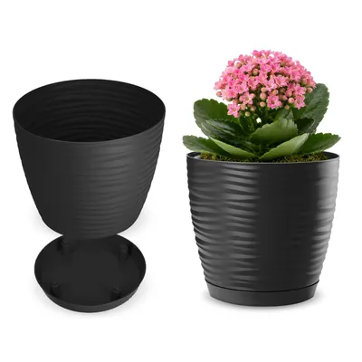 Produktbild von KADAX Blumentopf mit Untersetzer "Temara", Blumenkübel, Pflanztopf aus Kunststoff, Übertopf, rund, 13 cm, Anthrazit