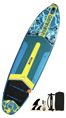 Obrázok produktu pre Nafukovacia doska SUP, vyrobená z PVC materiálu, rozmery 335 cm x 89 cm x 15 cm, nosnosť 200 kg, vhodná pre dospelých, kompletná sada s pádlom a pumpou