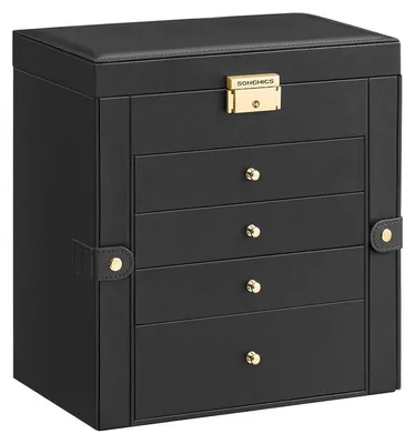Image de Boîte à bijoux à 5 compartiments pour montres, de couleur noire, dimensions : 26,2 x 15 x 28 cm