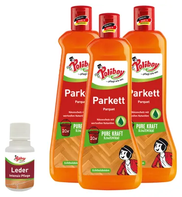 Produktbild von Poliboy Parkett Pflegekonzentrat - 3x500ml - zur Reinigung und Pflege aller lackierten, lasierten und versiegelten Holzflächen - mit Leder Probe