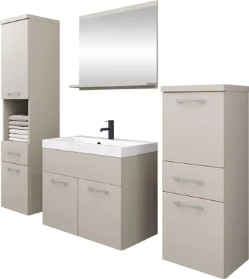 Produktbild von MIRJAN24 Badmöbel-Set Alba, Badezimmer-Set mit Spiegel und Waschbecken (Farbe: Cashmerebeige, mit Siphon)
