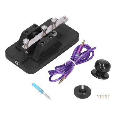 A Morse code practice keyer and its accessories are laid out on a white background.