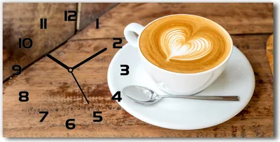 Produktbild von Wanduhr aus Glas – 60x30 cm - Glasbild - Glasuhr - Gehärtetes Glas - schwarze-zeiger - Kaffee in einer Tasse