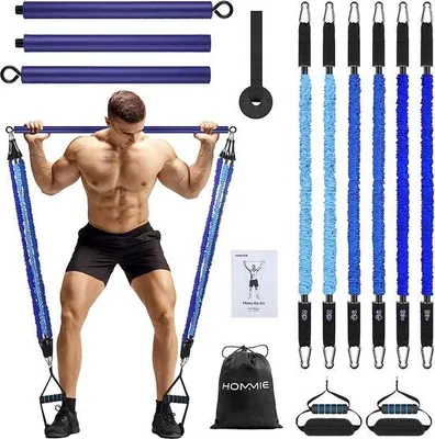 Produktbild von Famanu Pilates Bar Kit mit Widerstandsbändern – 3-teilig, inkl. Handgriffen, Türanker & Fußschlaufen