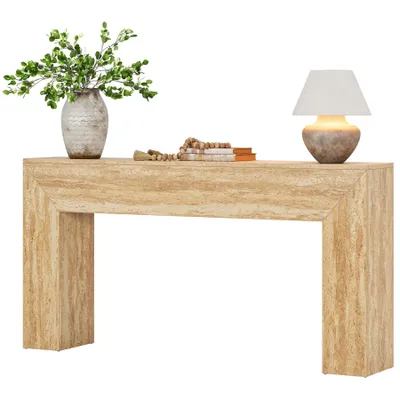 Produktbild von Tribesigns Konsolentisch 160 cm, schmale lange Sofakonsole mit Kunst-Travertin-Finish und robusten Beinen, Holz, für Wohnzimmer, Flur, Eingang, Foyer