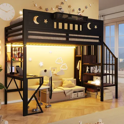 Produktbild von Flieks Etagenbett 90x200cm mit USB, Hochbett mit Led, Kinderbett Jugendbett mit Schreibtisch und Lochwand, Stockbett Metallbett mit Treppe, Schwarz