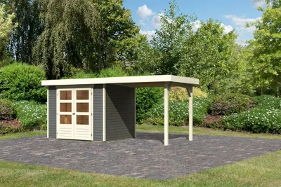 Produktbild von Karibu Gartenhaus Gerätehaus Askola 3 im Set mit Anbaudach 2,40 m Breite terragrau 462x217x211 cm