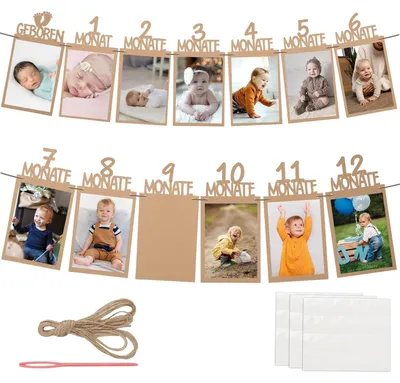 Produktbild von Foto-Girlande - Zur Dokumentation von 12 Monaten Meilensteinen - Hängende Wanddekoration aus Kraftpapier - 12-teiliges Set