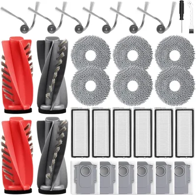 Produktbild von 30 Stück Zubehör für Roborock Qrevo Curv, Qrevo Curv S5X, Qrevo Edge S5A & Qrevo S5V Saugroboter | 4 Hauptbürste, 6 Staubbeutel, 6 Filter, 6 Wischtücher, 6 Seitenbürsten | Hochwertige Ersatzteile