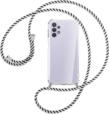 Produktbild von Handykette Backcover-Schutzhülle mit Band (Metall silberfarben) für Samsung Galaxy A32 5G - schwarz/weiß gestreift