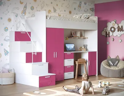 Produktbild von Etagenbett TOMI 4s, Hochglanz Kinderbett Hochbett, OHNE Matraze und Lattenrost (Weiss + Rosa, Glanz)