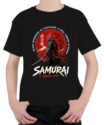 Obrázek produktu pro Samuraj, Bushido, Japonsko, katana, válečník, Fuji, slunce, retro, Y2K, ronin, dětské tričko, černá barva, velikost 152