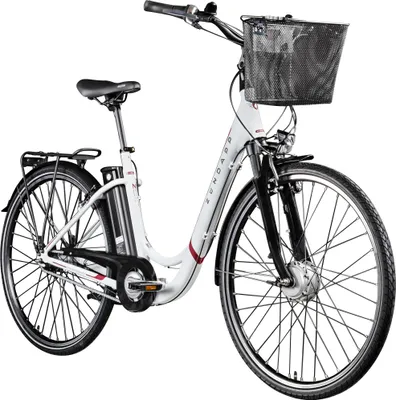 A white electric bicycle with a black basket and saddle, shown against a white background.