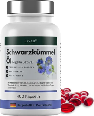 Produktbild von Schwarzkümmelöl, aus ägyptischen Anbau von EXVital, 400 Softgel Kapseln