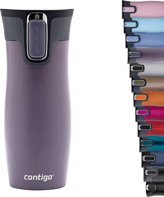 A purple Contigo brand insulated travel mug is shown on the left, with a stack of other colored travel mugs on the right.