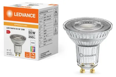 Productafbeelding van LEDVANCE LED PAR16 6W 940 GU10 spot, straler, 350lm, 4000K, traal wit, kleurweergave 97Ra, equivalent van 50W, dimbaar, artikelnummer: 4099854059070