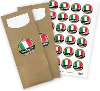 Produktbild von itenga 24x Bestecktaschen + Stickerbogen "Buon Appetito!" (Motiv 200)