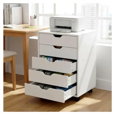 Produktbild von Druckerschrank mit 5 Schubladen und 4 Rollen, mobiler Druckertisch, Büroschrank, 40×49×65,3 cm, Weiß