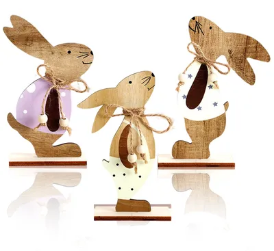 3er-Set Holz-Osterhasen, Osterdeko, 10 cm, natur