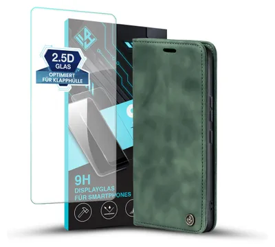 Produktbild von Handy Hülle für Motorola Moto G55 5G mit 9H Displayglas Klapphülle Bookcase Flip Cover Handy Tasche Etui Farbe: Grün