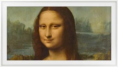 A painting of the Mona Lisa is displayed within a white frame, likely on a digital frame.